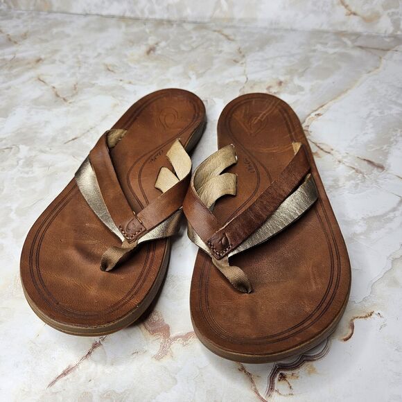 Olukai Kaekae sandals size 7 Leather Flip Flops Sahara Bubbly Golden - Picture 2 of 5